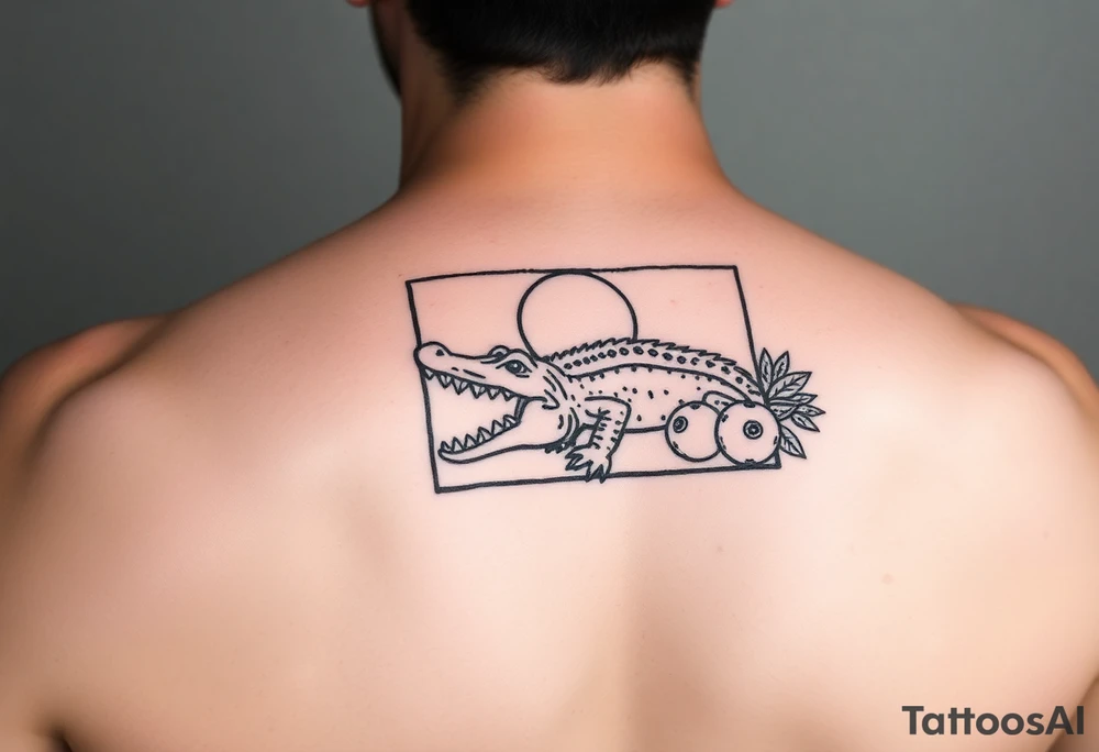 florida themed traditional tattoo with a gator, sun and oranges in a square border tattoo idea