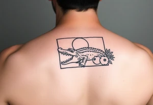 florida themed traditional tattoo with a gator, sun and oranges in a square border tattoo idea