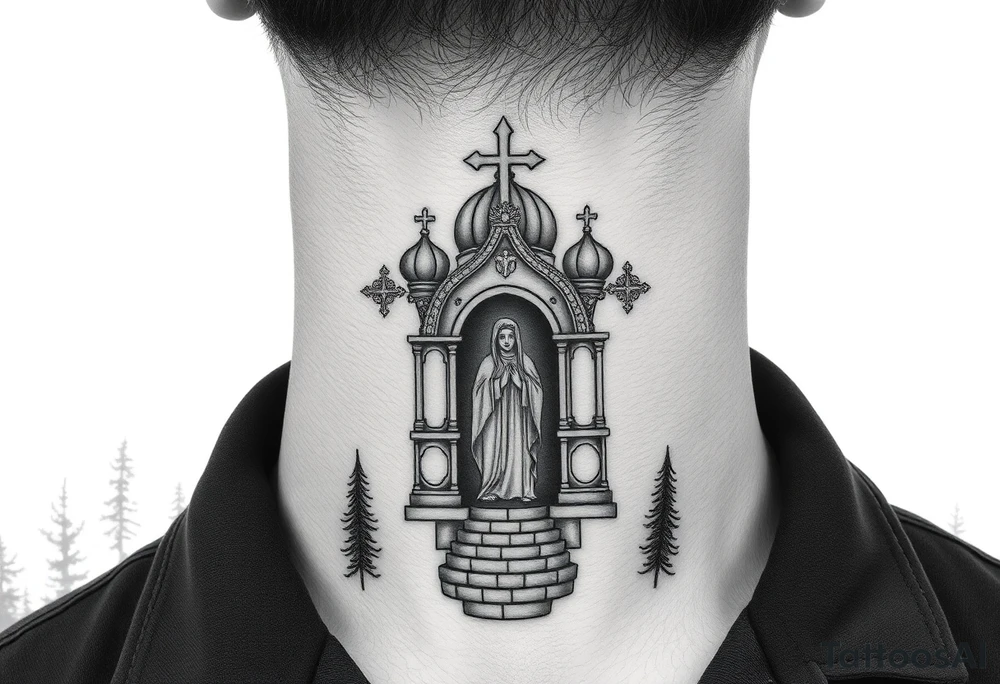 russian coat arms traditional christian orthodox cross with a virgin mary stood in the entrance of a russian orthodox dome church on the side of the neck in a wilderness setting tattoo idea