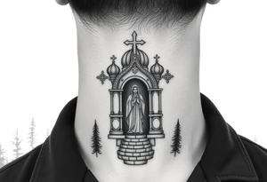 russian coat arms traditional christian orthodox cross with a virgin mary stood in the entrance of a russian orthodox dome church on the side of the neck in a wilderness setting tattoo idea