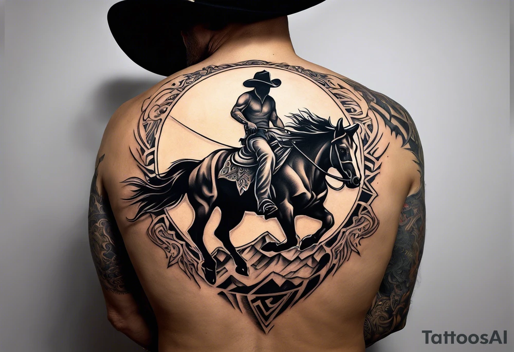 Cover up tribal sun located on right shoulder blade with a cowboy riding a bucking horse pictured inside a bull skull. Add lyrics “the devil can scrap, but the lord has won” tattoo idea