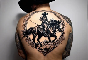 Cover up tribal sun located on right shoulder blade with a cowboy riding a bucking horse pictured inside a bull skull. Add lyrics “the devil can scrap, but the lord has won” tattoo idea