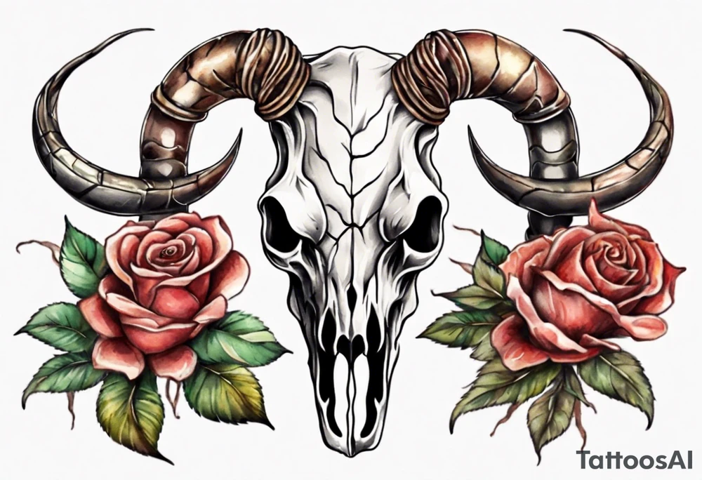 bull skull with a snake with roses tattoo idea