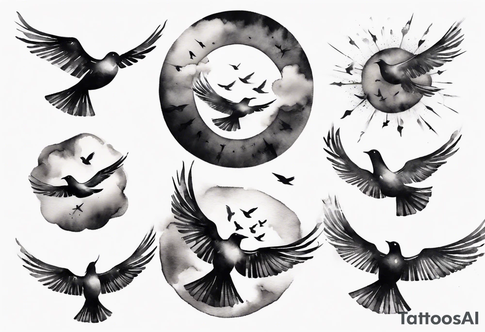 shoulder tattoo with light rays with birds flying free among the clouds, round shape, 3d effect tattoo idea shoulder tattoo with light rays with birds flying free among the clouds, round shape, 3d effect tattoo idea