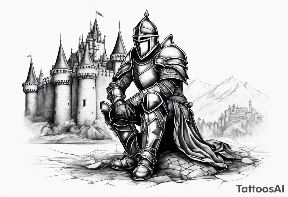 Wounded knight on two knees in front of castle tattoo idea
