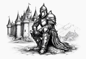 Wounded knight on two knees in front of castle tattoo idea