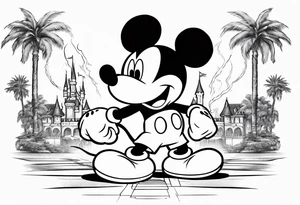 mickey mouse holding lightning with palm trees doing martial arts at the disney castle tattoo idea