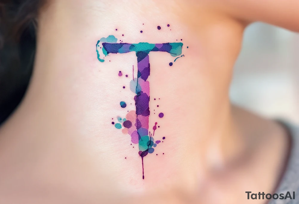 A watercolor-style "T" in shades of turquoise and purple, blending like paint strokes. tattoo idea