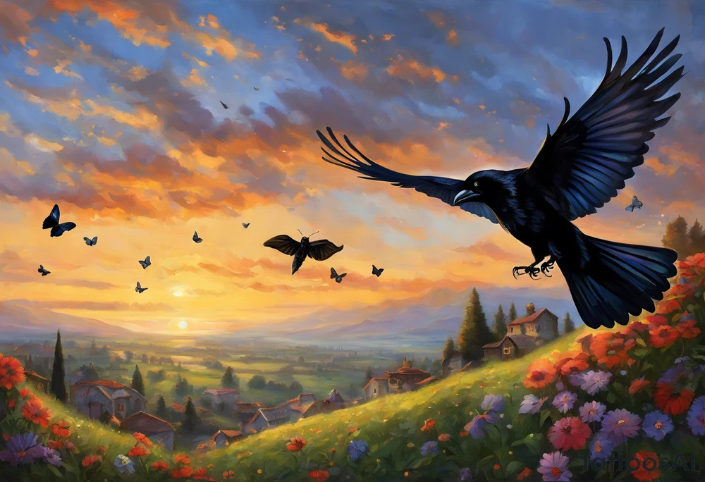 A butterfly flies towards the sky. Below the butterfly, a raven flies towards the sky. 
The butterfly and the raven are the same size
In the background is the name Malia.
In the background is the name SKF.
The number 89 can be seen in the background.
There is also a scorpion in the wing of the butterfly. tattoo idea