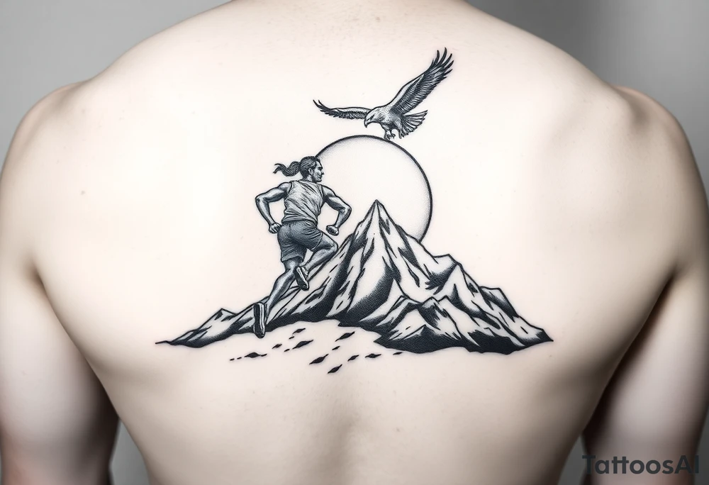 small image of a runner, tackling a mountain with a sunset background and an eagle looking over him. in black and white. tattoo idea