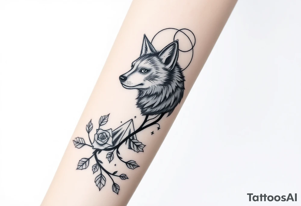 Rose vine with wolf, moon and stars mountains wrap tattoo idea