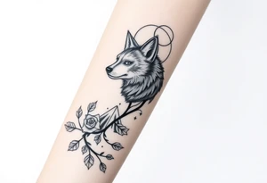 Rose vine with wolf, moon and stars mountains wrap tattoo idea
