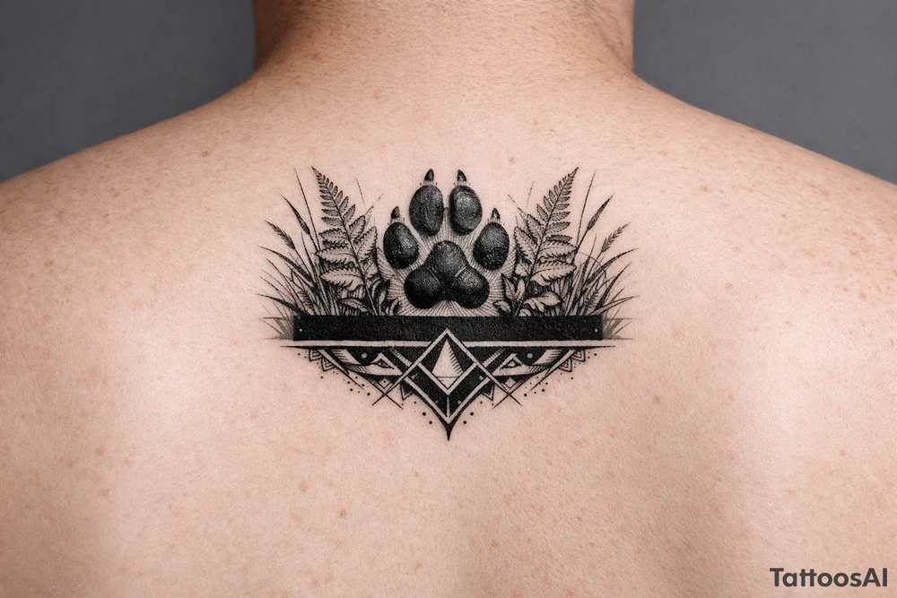 Kapradí, traviny, geometrie, otisk packy psa na paži, mezi kapradim a travinami geometrické vzory jemné, pod černý proužek, světlý proužek tattoo idea