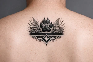 Kapradí, traviny, geometrie, otisk packy psa na paži, mezi kapradim a travinami geometrické vzory jemné, pod černý proužek, světlý proužek tattoo idea