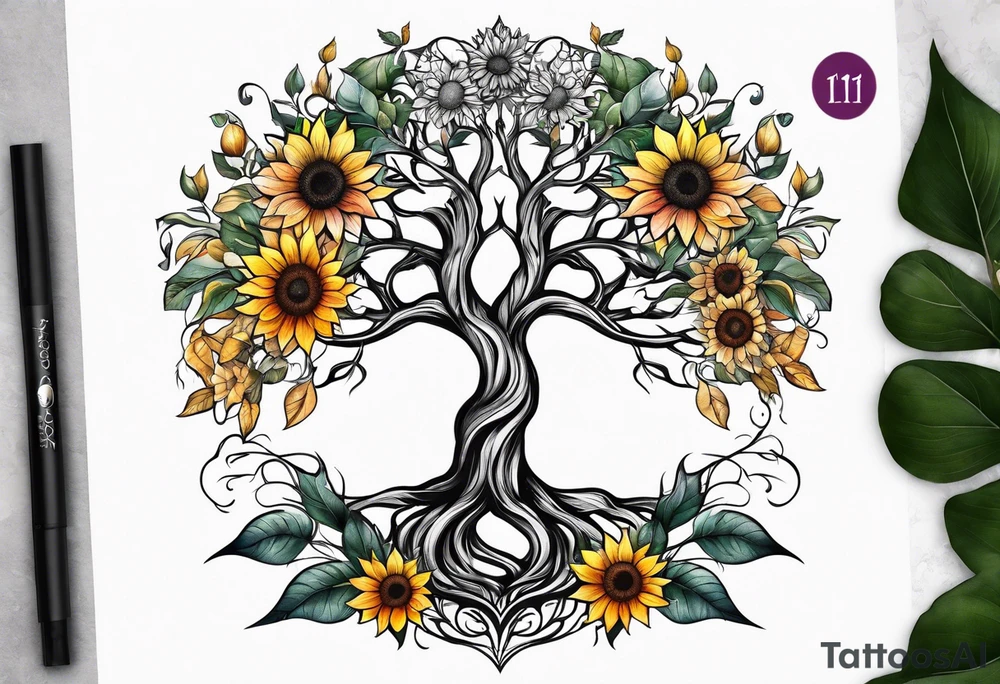 Feminine Yggdrasil tree with two sunflowers tattoo idea