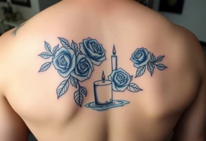 Blue roses and candles, water, name tattoo idea