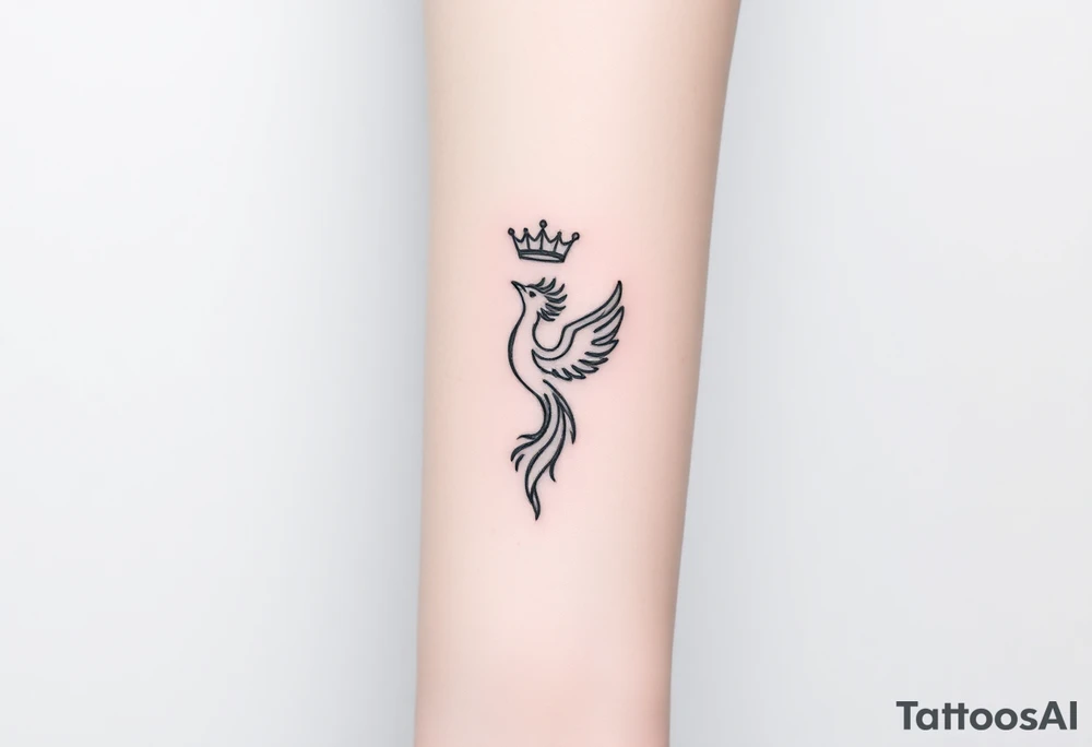 Minimal phoenix and crown fine lines tattoo idea