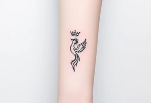 Minimal phoenix and crown fine lines tattoo idea