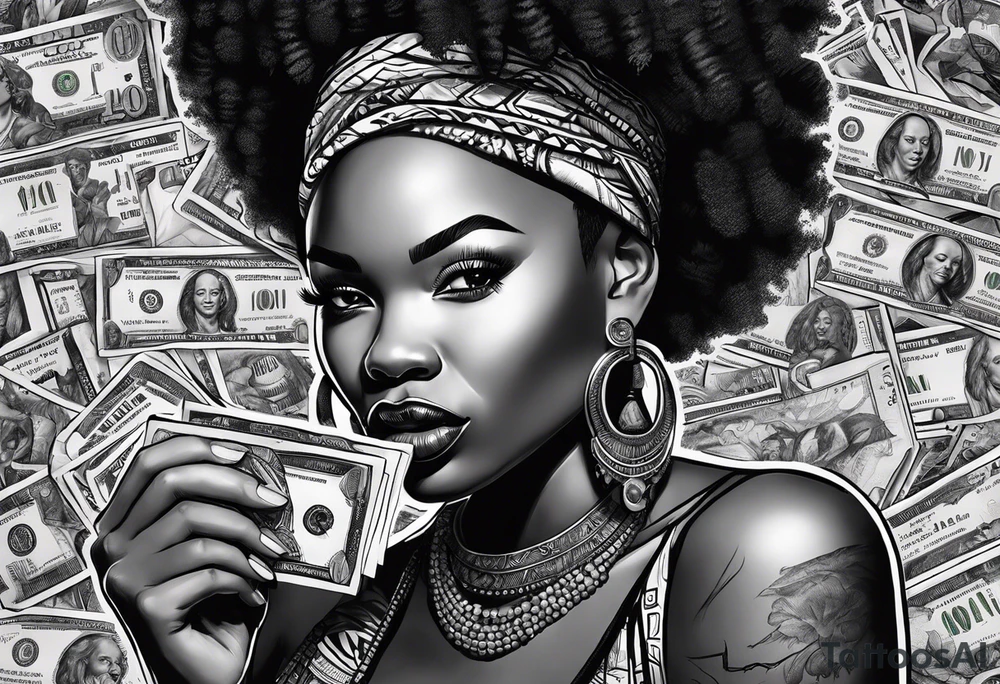 african woman biting money tattoo idea