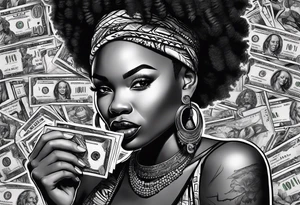 african woman biting money tattoo idea