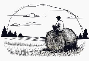 hexagon should depict a boy sitting on top of a bale of hay in a field, looking into the distance. tattoo idea