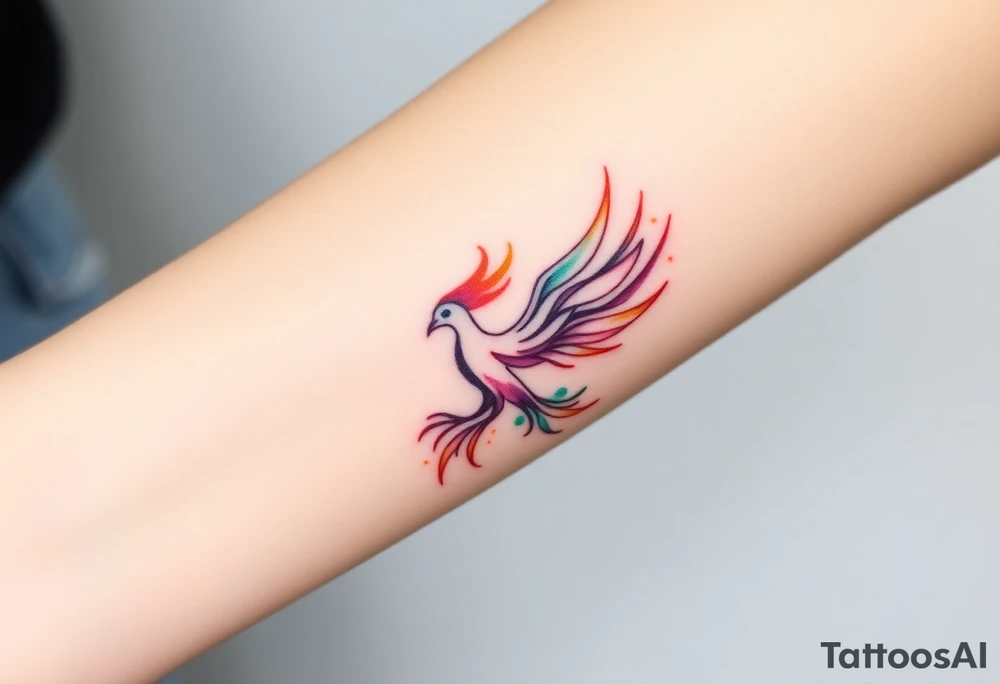 Phoenix with blazing flames with purple, orange, teal and green splashes tattoo idea