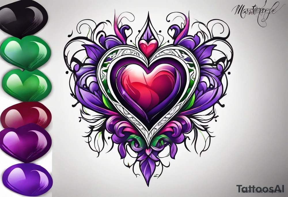 purple green red heart tattoo idea