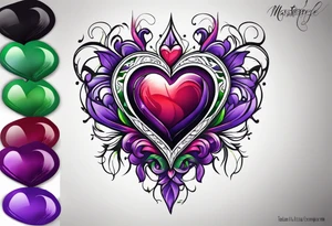 purple green red heart tattoo idea