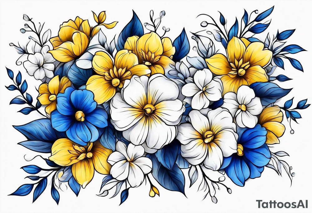 Blue white and yellow flowers arm sleeve tattoo idea
