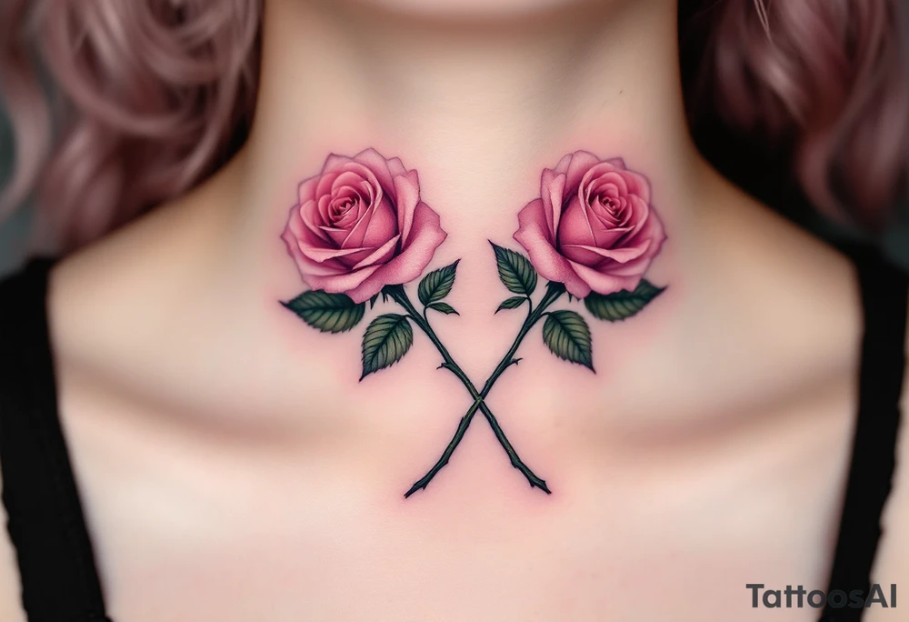 Two crossed rose stems with pink blossoms, placed symmetrically, representing unity or connection. tattoo idea