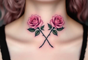 Two crossed rose stems with pink blossoms, placed symmetrically, representing unity or connection. tattoo idea