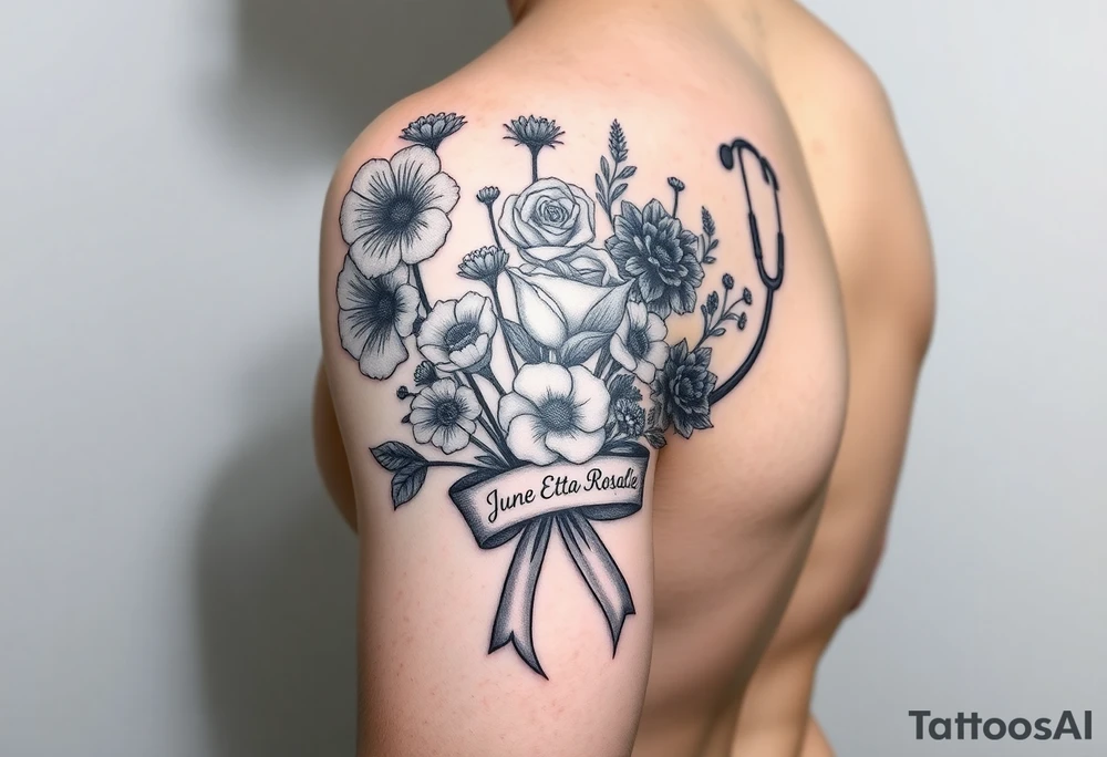 Half arm sleeve of 3 hollyhock flowers, one wild rose, 5 wild flowers in a bouquet with ribbon bow towards the bottom like the just got picked. On the ribbon include three names: June Etta, Roxy, Rosalie. Next the bouquet put a full realistic stethoscope tattoo idea