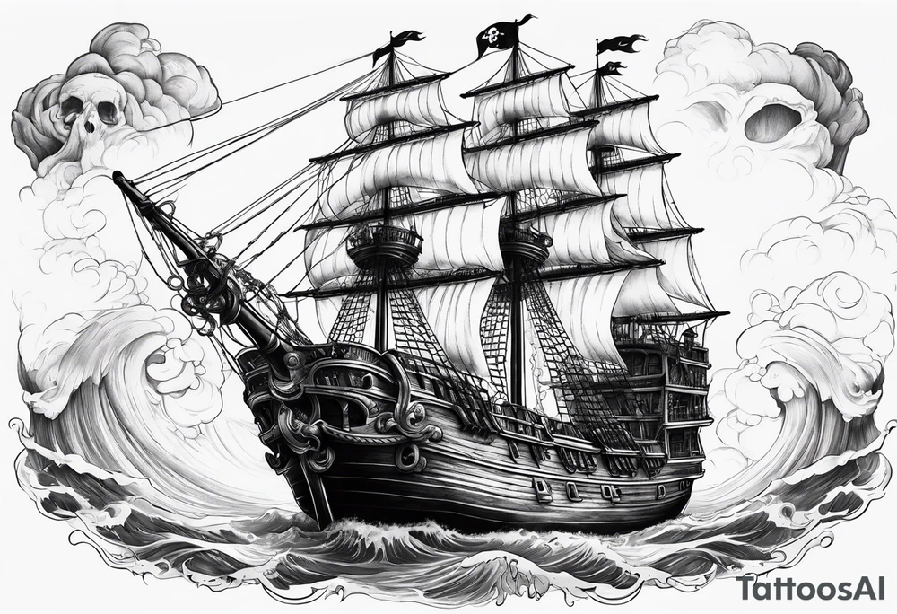 pirate ship with large skull covering the bow of the ship being overtaken by a kraken tattoo idea