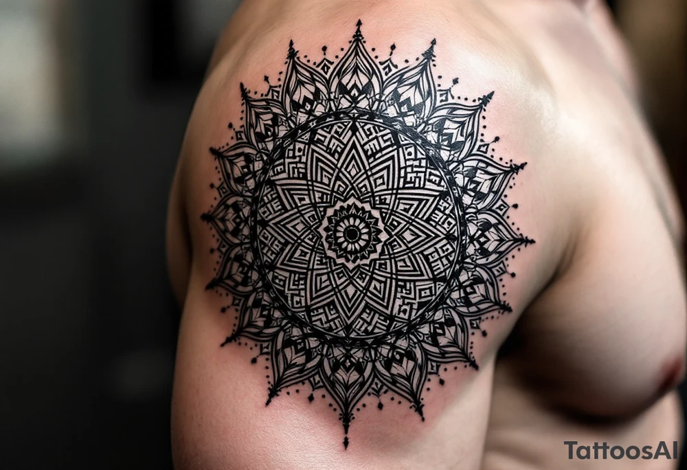 intricate mandala with sacred geometry and cosmic elements tattoo idea