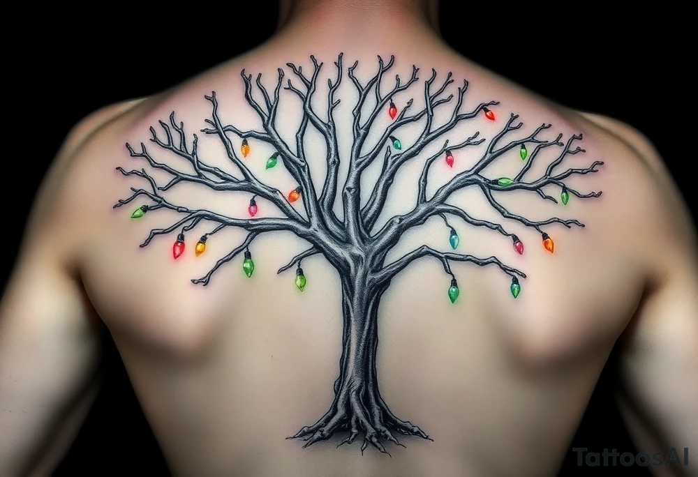 An eerie tree made out of human bones. The bigger the branches, the bigger the bones, so small branches will be hand and finger bones. There are also glass lights hanging throughout the tree and the lights are all colors of the rainbow. So this eerie tree is still somewhat beautiful tattoo idea