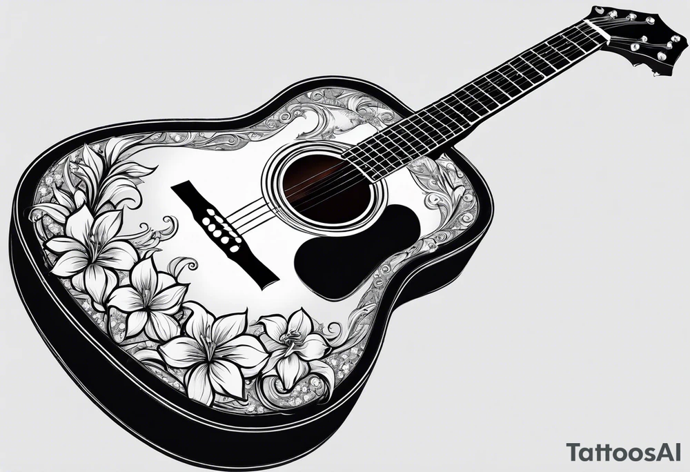 flat basic black acoustic guitar, entire guitar, wrapped with lilies around the neck, with a simple black star on the guitar body. meant for the inside of a woman's bicep tattoo idea