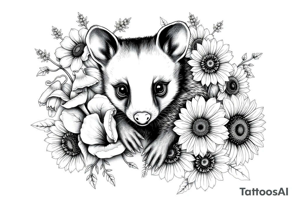 Sweet opossum with doe eyes surrounded by hellebores, lantana, foxglove and sunflowers with shading tattoo idea
