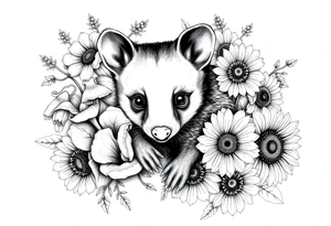Sweet opossum with doe eyes surrounded by hellebores, lantana, foxglove and sunflowers with shading tattoo idea