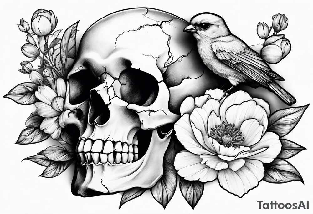 flower peonias, skull and bird tattoo idea