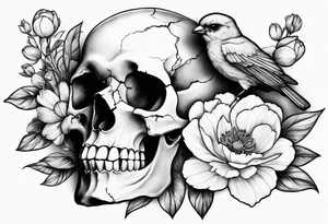 flower peonias, skull and bird tattoo idea