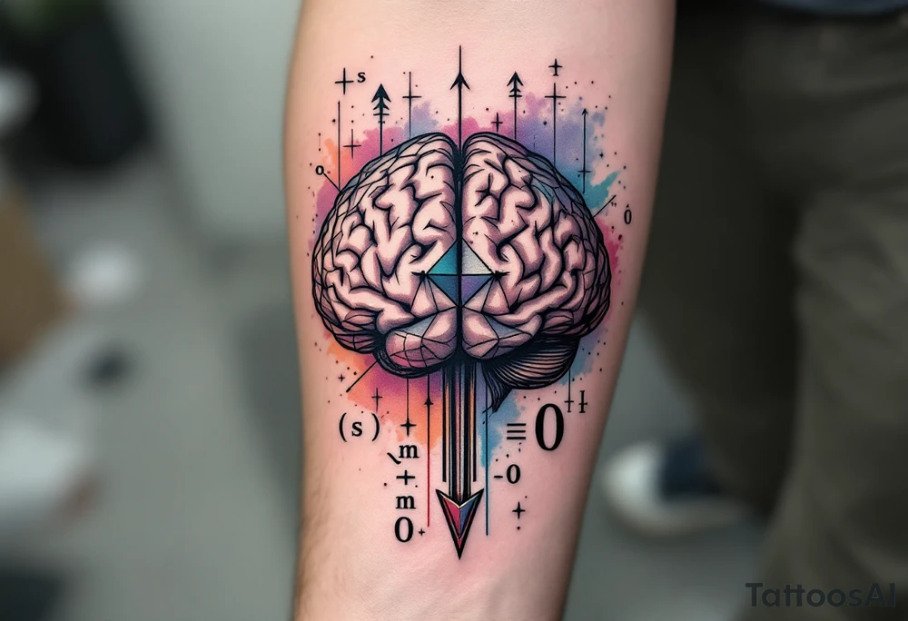 A front-seen brain in geometric and straight lines, math symbols arround. A detailed arrow crosses from below and exit from the top, with its tip desintegrating to represent entropy and watercolor stains. Around of the main tattoo, math and physics formulas fill the space, including the formula "ΔS ≥ 0" and the formula "(iδ + m) Φ = 0" tattoo idea