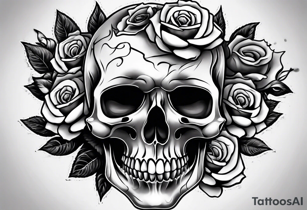 Roses stuffed inside a skull covered in smoke arms sleeve tattoo idea