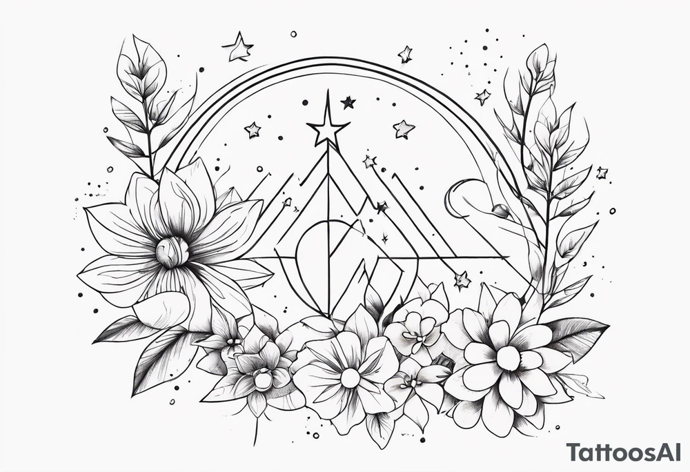 fine line with stars, floral, dots tattoo idea