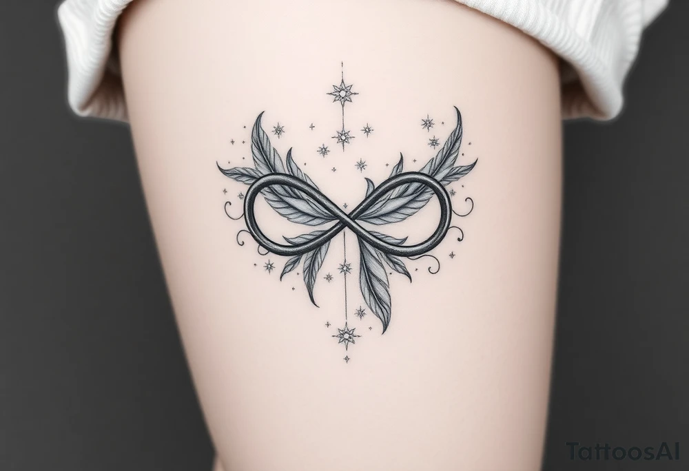 infinity symbol woven with floating feathers and stardust tattoo idea
