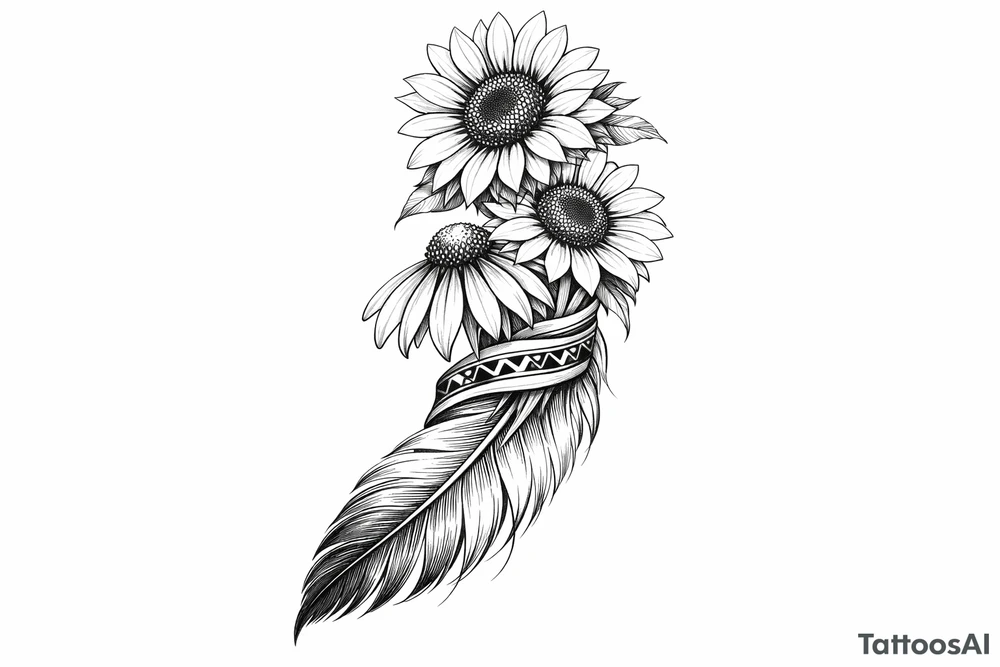2 cascading sunflowers 1 coneflower wrapped in simple Native American ribbon on top of a feather tattoo idea