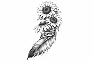 2 cascading sunflowers 1 coneflower wrapped in simple Native American ribbon on top of a feather tattoo idea