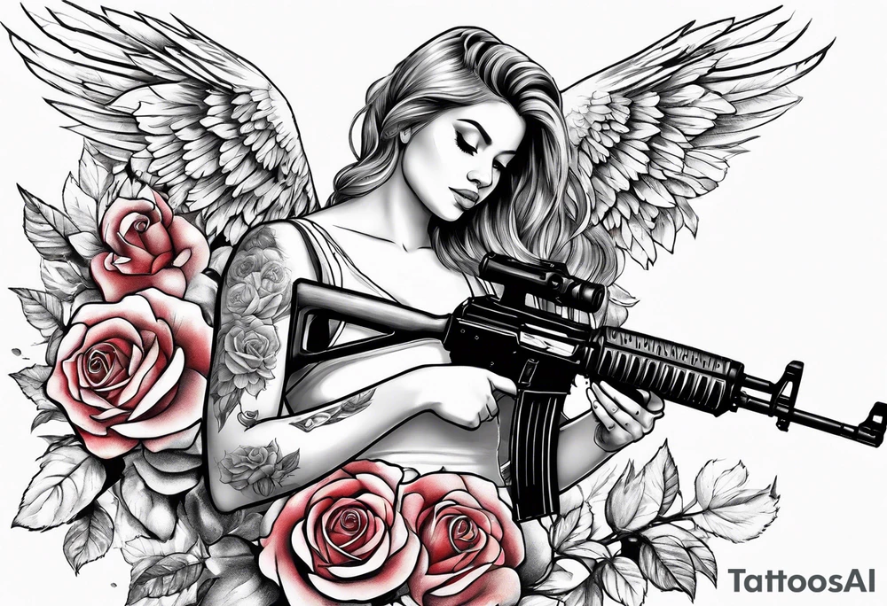 Beautiful angle standing with wings and tattoos surrounded by roses holding a ak 47 tattoo idea