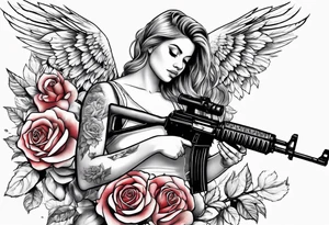 Beautiful angle standing with wings and tattoos surrounded by roses holding a ak 47 tattoo idea