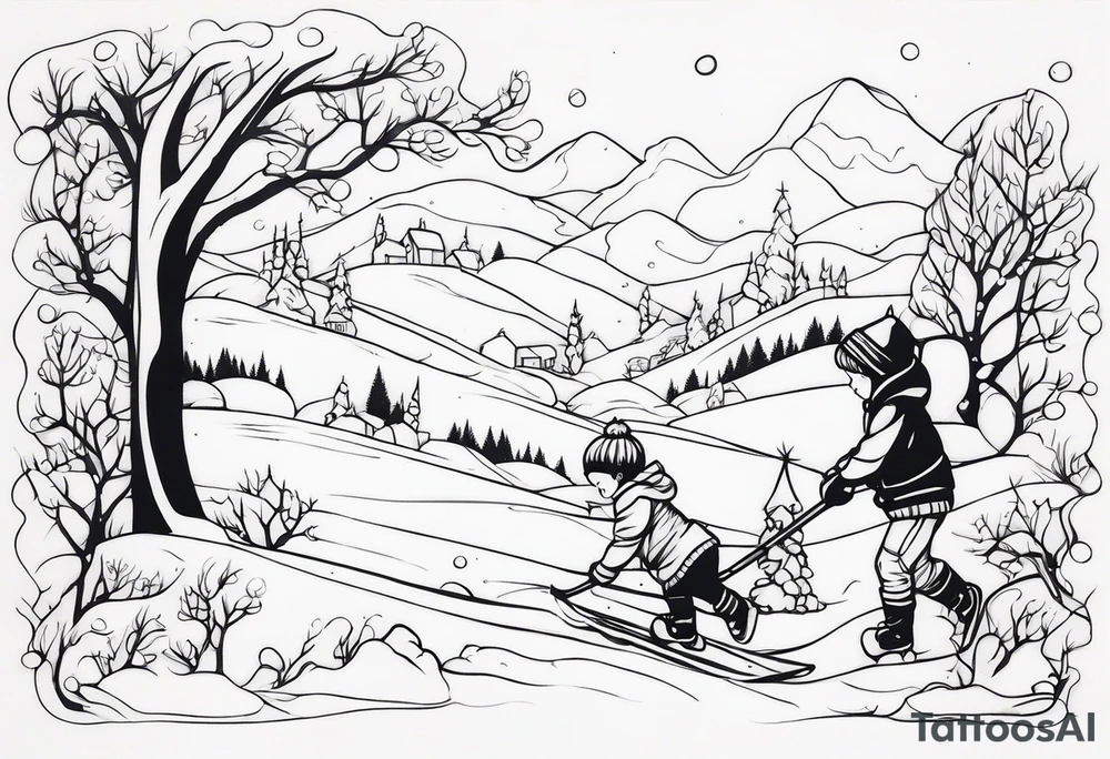 children playing in snow tattoo idea