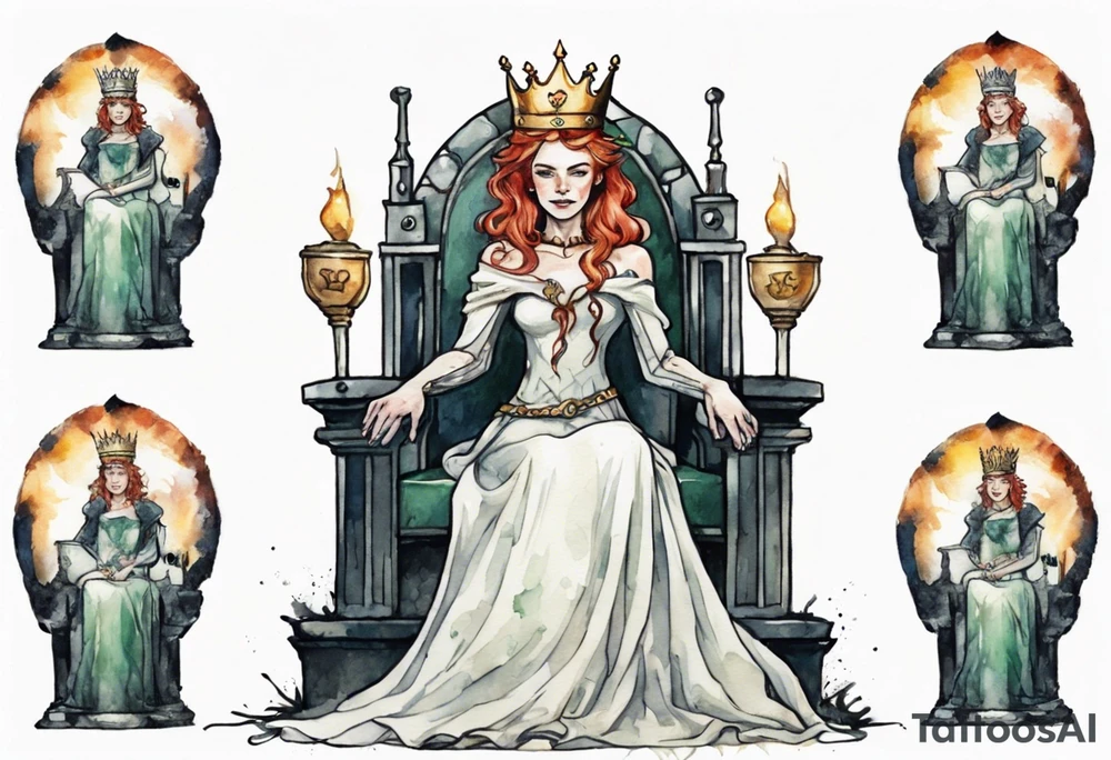 an Irish queen wearing a simple iron crown sitting on a stone throne tattoo idea